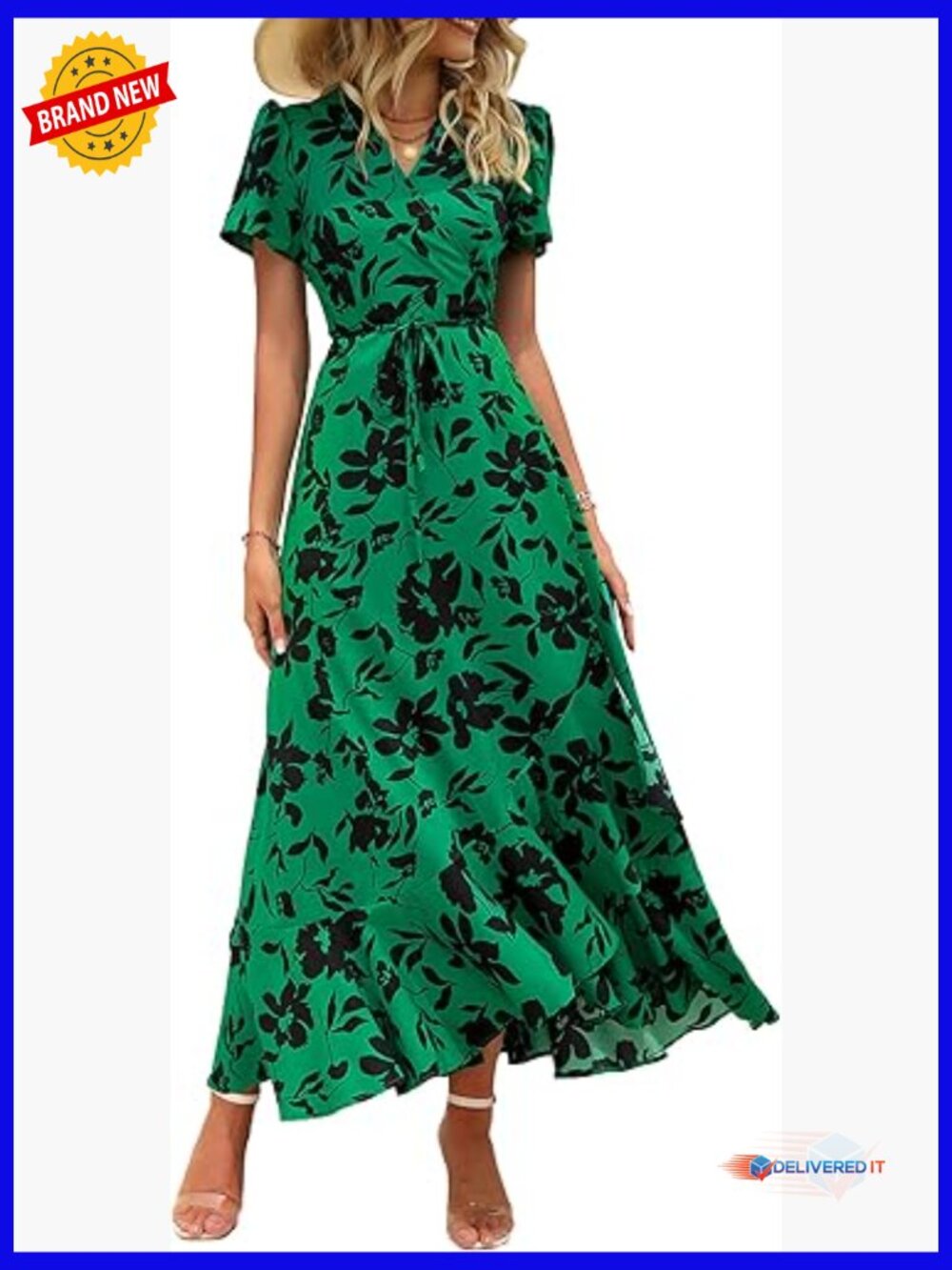 Boho Floral Maxi Dress Wrap V Neck Short Sleeve Flowy Beach Wedding Guest
